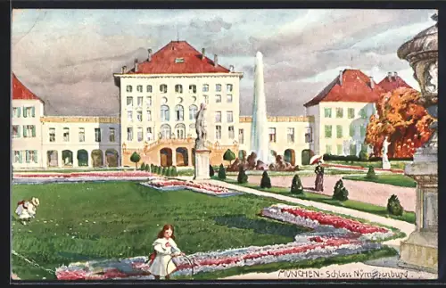 AK München, Schloss Nymphenburg mit spielenden Kindern in den Anlagen