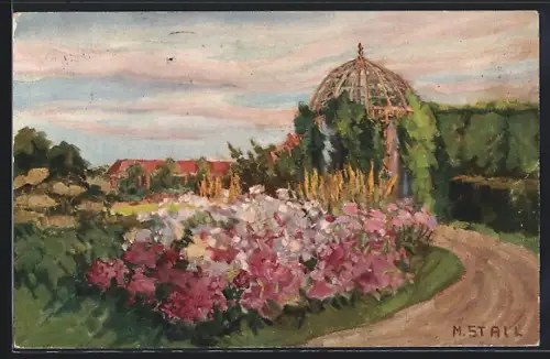 AK München-Nymphenburg, Rosenrabatten und Laubengang im Botanischen Garten