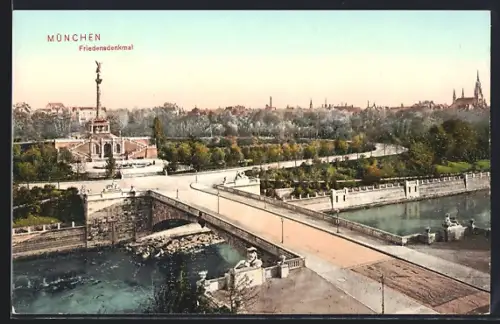 AK München, Friedensdenkmal mit Brücke