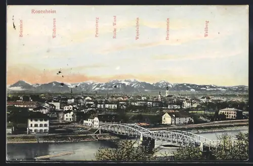 AK Rosenheim, Ortsansicht mit Alpenpanorama