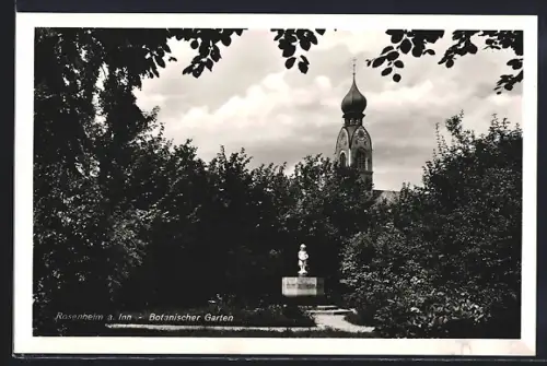 AK Rosenheim a. Inn, Botanischer Garten mit Kirchturm