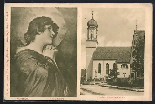 AK Oberammergau, Blick auf Kirche, Schutzengel mit gefallteten Händen