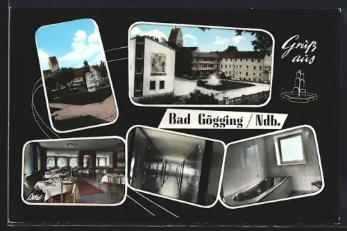 AK Bad Gögging, Kurheim Trajansbad, 3 Innenansichten, 2 Aussenansichten