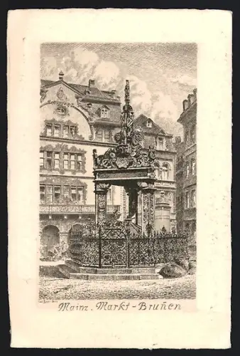 Künstler-AK Mainz, Blick auf den Markt-Brunen