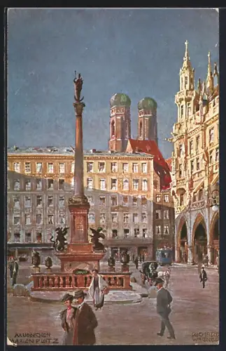 Künstler-AK Richard Wagner: München, Marienplatz mit Denkmal, Rathaus & Frauenkirche