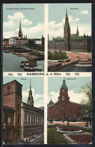 AK Hamburg a. d. Elbe, Ortspartien Junfernstieg mit Petri-Kirche, Rathaus und Börse
