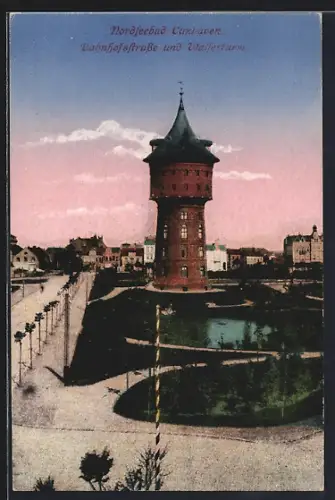 AK Cuxhaven, Bahnhofstrasse mit Wasserturm