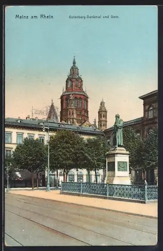 AK Mainz a. Rhein, Strassenpartie am Gutenberg-Denkmal & Dom