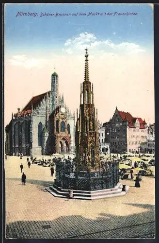 AK Nürnberg, Schöner Brunnen auf dem Markt mit der Frauenkirche
