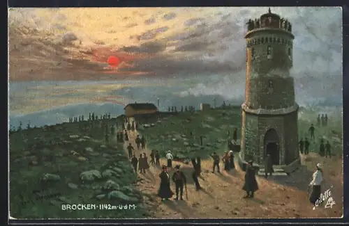 Künstler-AK Brocken, Aussichtsturm bei tief stehender Sonne