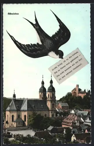 AK Gössweinstein, Kirche mit Umgebung, Briefschwalbe mit Gruss