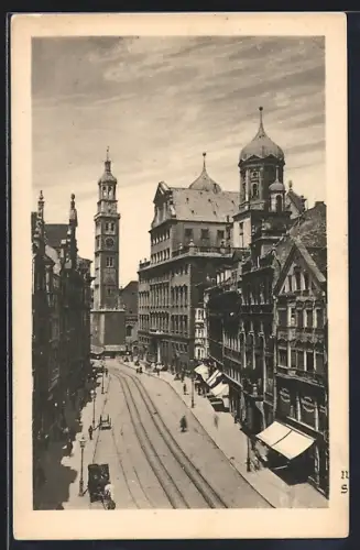 AK Augsburg, Untere Maximilianstrasse mit Rathaus u. Perlachturm