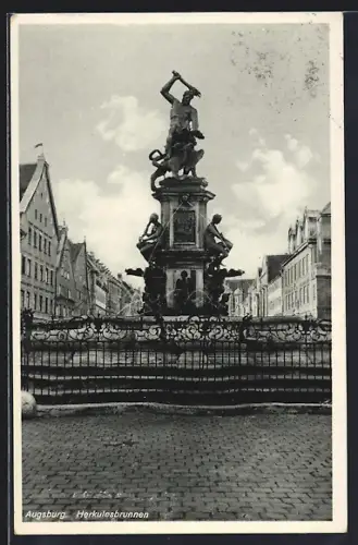 AK Augsburg, Herkulesbrunnen mit Gebäudepanorama