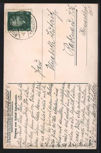 AK Schloss Scharfenstein, Eingang, Spendenkarte Beamten-Erholungsheim Jägerhof in Rehefeld