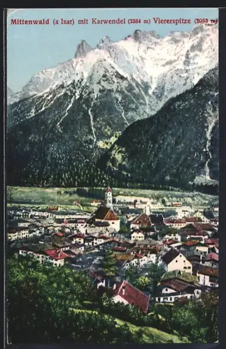 AK Mittenwald a. Isar, Totalansicht mit Karwendel-Viererspitze