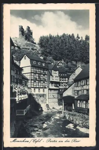 AK Monschau /Eifel, Partie an der Rur, mit Ruine
