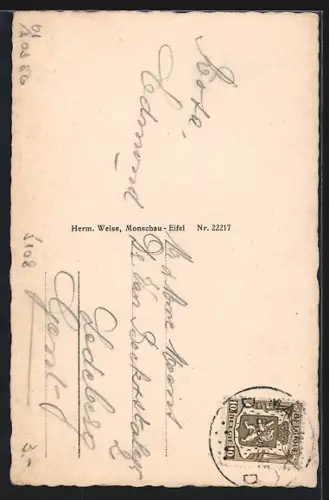 AK Monschau /Eifel, Partie an der Rur, mit Ruine