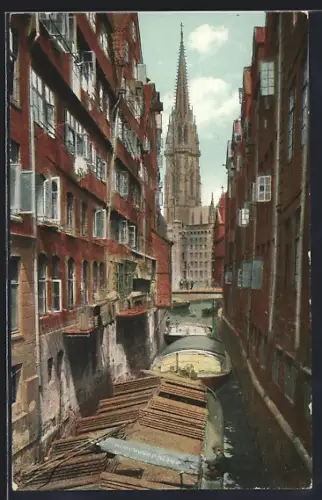 AK Alt-Hamburg, Fleet mit Frachtern u. Nikolaikirche