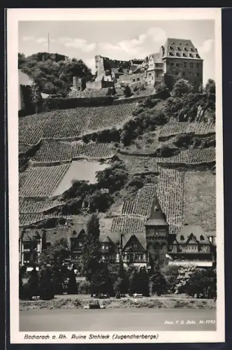 AK Bacharach a. Rh., Ruine Stahleck / Jugendherberge, vom Rhein gesehen