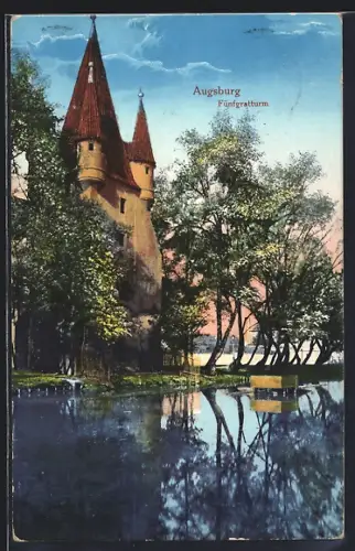AK Augsburg, Fünfgratturm vom Wasser aus