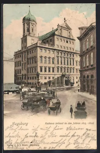AK Augsburg, Rathaus mit Standbild u. Strasse