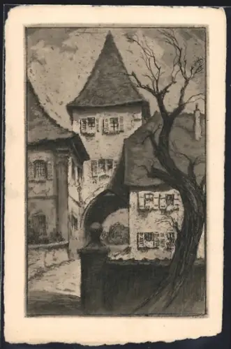 Künstler-AK Bad Mergentheim, Ortspartie mit Torturm