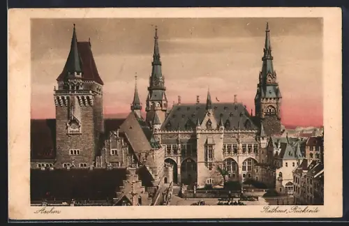 AK Aachen, Rathaus aus der Vogelschau, Rückseite