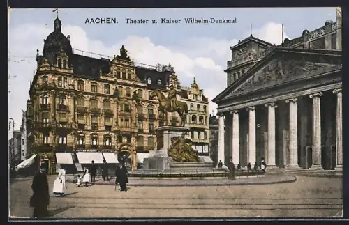 AK Aachen, Theater u. Kaiser Wilhelm-Denkmal