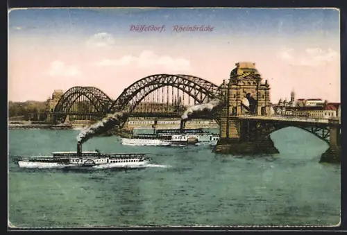 AK Düsseldorf, Rheinbrücke mit Dampfern u. Stadtpanorama