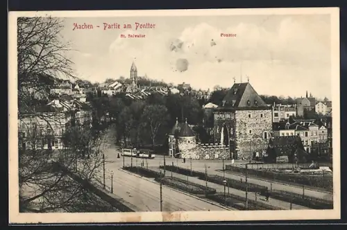 AK Aachen, Partie am Ponttor, mit Strassenbahn u. St. Salvador
