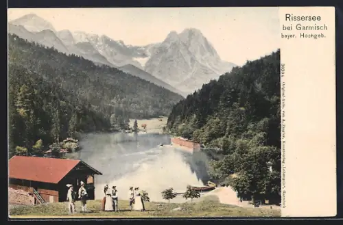 AK Rissersee bei Garmisch, Seepartie mit Gipfelpanorama u. Trachtenpaaren