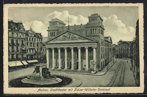 AK Aachen, Stadttheater mit Kaiser-Wilhelm-Denkmal, Ansicht von oben