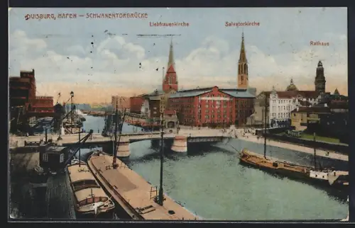 AK Duisburg, Hafen mit Schwanentorbrücke, Salvatorkirche