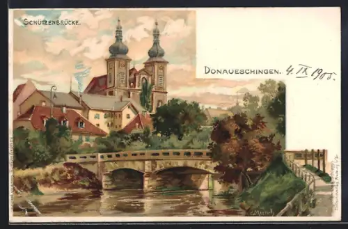 Lithographie Donaueschingen, Schützenbrücke mit Kirche