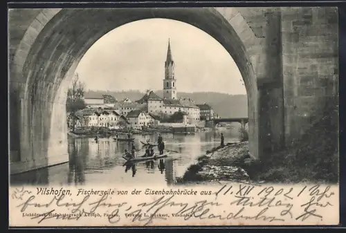 AK Vilshofen, Blick von der Eisenbahnbrücke auf die Fischerzeile
