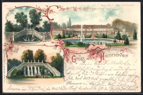 Lithographie Hannover-Herrenhausen, Schloss Herrenhausen, Cascade und Grotte
