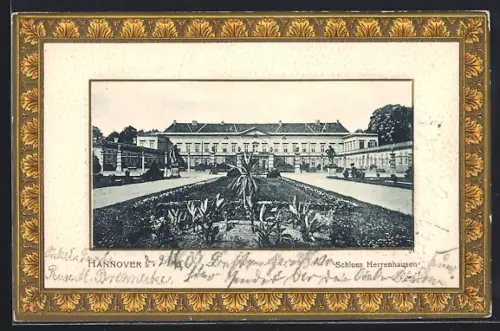 AK Hannover, Schloss Herrenhausen mit Anlagen im Passepartout