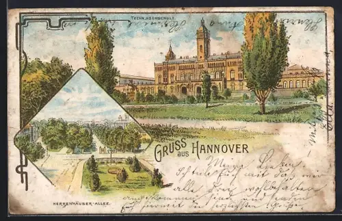 Lithographie Hannover, Blick zur Techn. Hochschule, Herrenhäuser-Allee