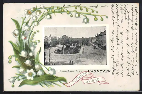 AK Hannover, Herrenhäuser Allee aus der Vogelschau, Maiglöckchen