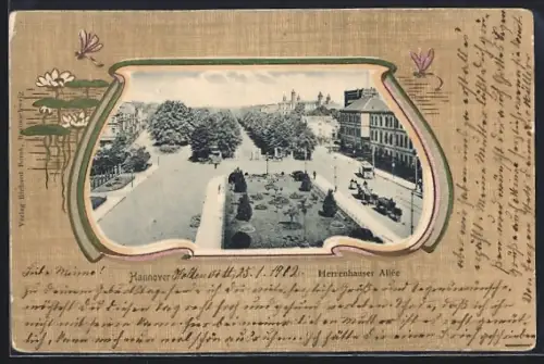 AK Hannover, Herrenhauser Allee aus der Vogelschau im Passepartout