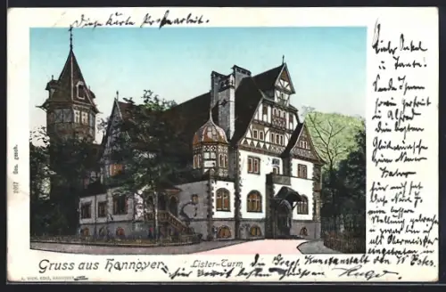 Goldfenster-AK Hannover, Strassenpartie am Lister-Turm