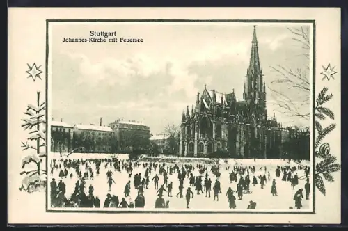 AK Stuttgart, Johannes-Kirche mit Feuersee im Schnee