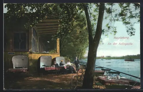 AK Magdeburg, An der Salzquelle, Restaurant am Ufer