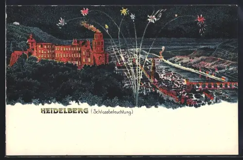 Künstler-AK Heidelberg, Schlossbeleuchtung und Feuerwerk