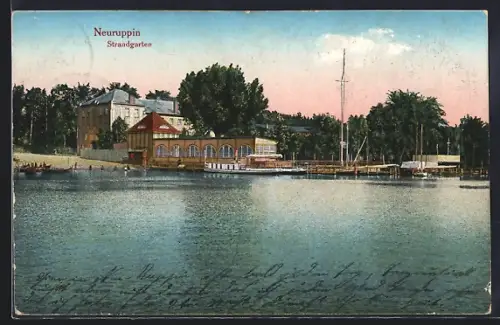 AK Neuruppin, Cafe Strandgarten, Dampfer