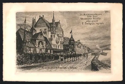Künstler-AK Assmannshausen a. Rh., Gasthaus Krone mit Strasse und Rheindampfer