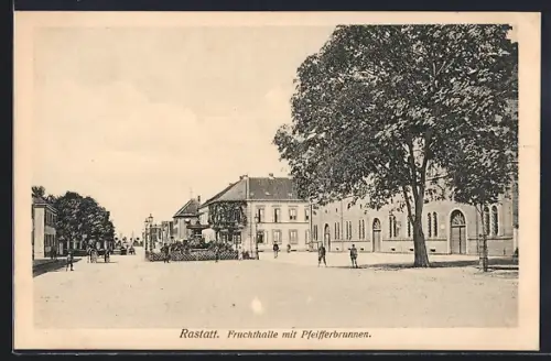 AK Rastatt, Fruchthalle mit Pfeifferbrunnen