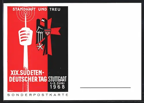 AK Stuttgart, Sudetendeutscher Tag 1968, Sonderpostkarte mit Fernsehturm u. Bundesadler