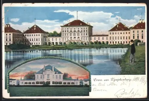 AK München-Nymphenburg, Schloss, Ortspanorama vom Wasser