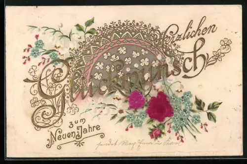 Stoff-Präge-AK Rosen, Maiglöckchen und Vergissmeinnicht, Neujahrsgruss